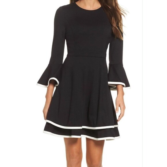 Eliza J Dress Womens 6 Black Ivory Bell Sleeve Tiered Fit and Flare Ponte Knit - Picture 8 of 8